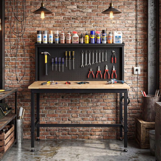 48 Inch Heavy Duty Workbench with AC/USB Outlets and Pegboard-Natural - Color: Natural