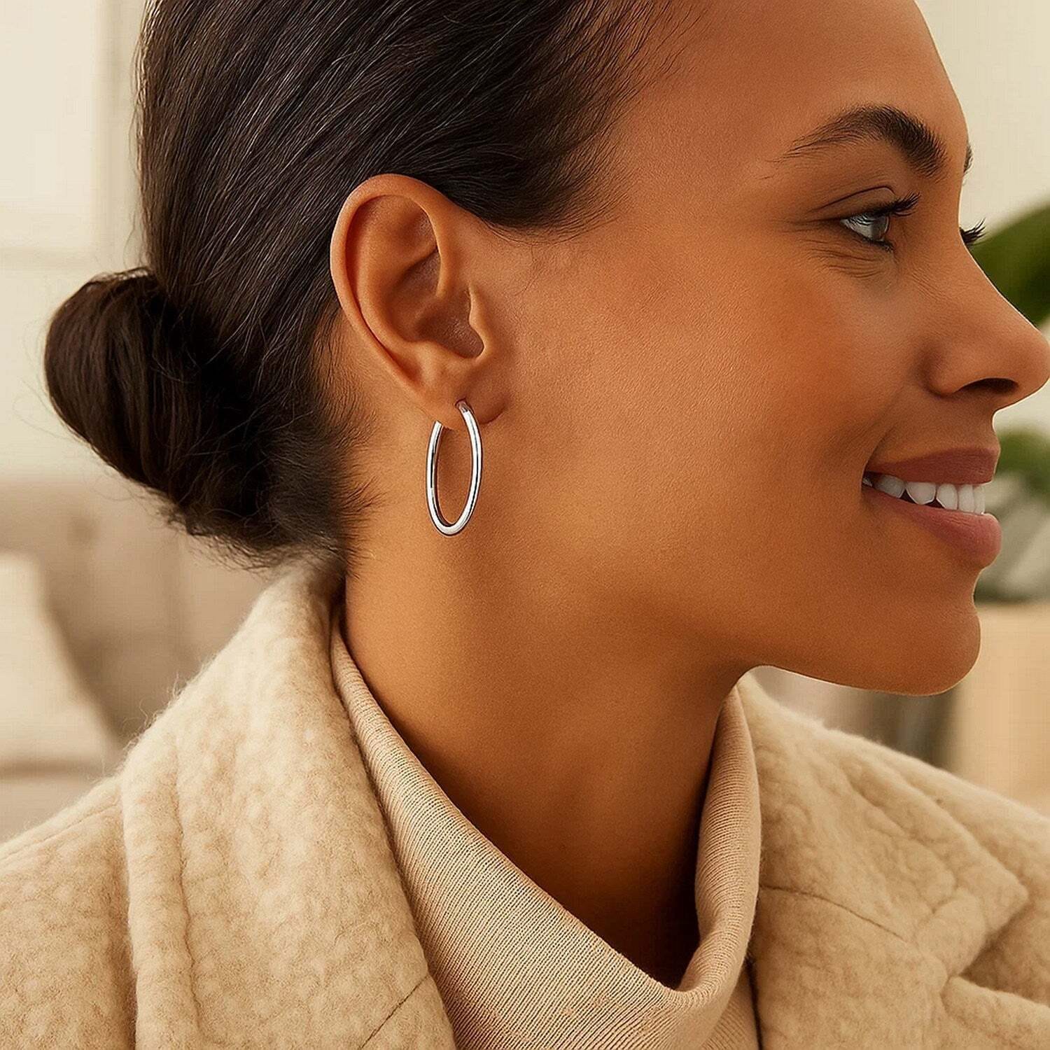 Sterling Silver Rhodium Plated Thin and Polished Hoop Motif Earrings (2x25mm)