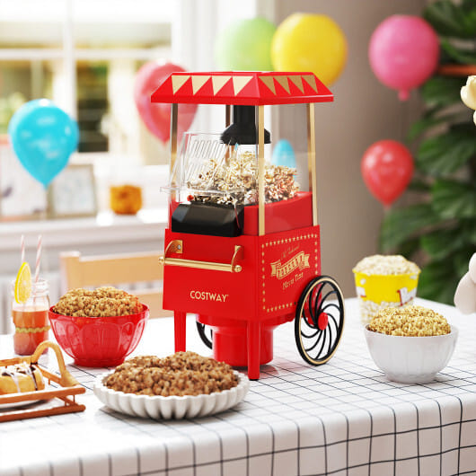 Costway Retro Hot Air Popcorn Maker 1200W with Kernel Measuring Cup-Red - Color: Red