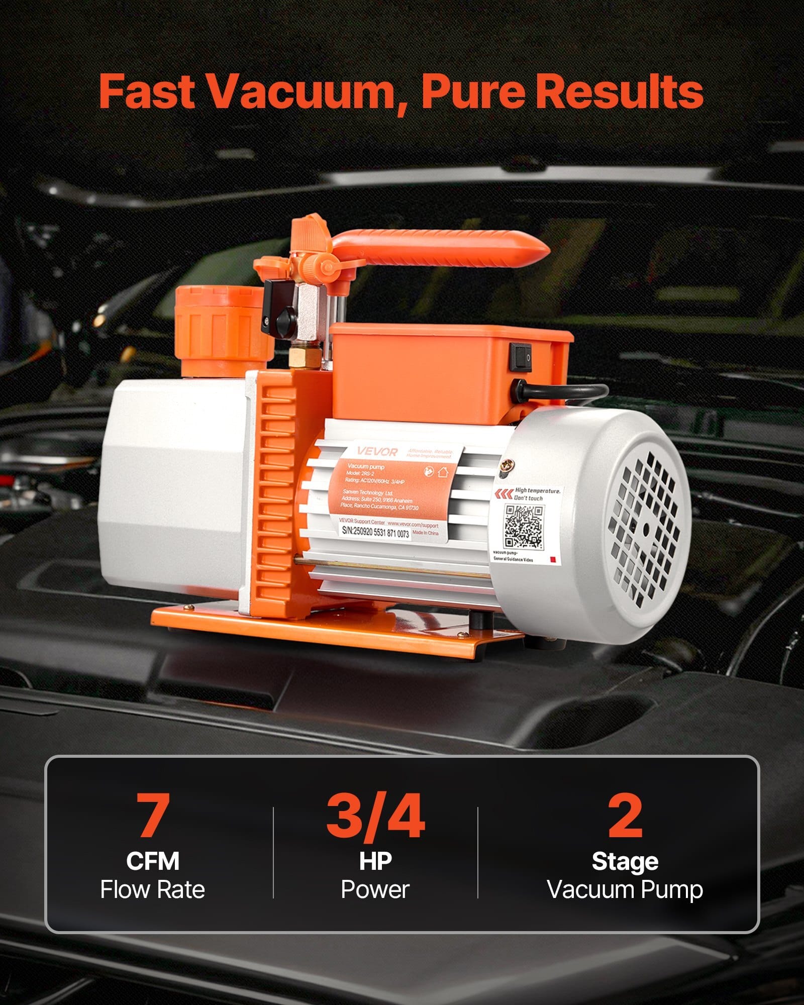 Vacuum Pump, 7 CFM 3/4 HP, HVAC Two Stage Rotary Vane AC Vacuum Pump, for R134a R22 R410a R1234YF R32, 4 Pole Motor, for Automotive Air Conditioner Maintenance Resin Degassing, Oil Included