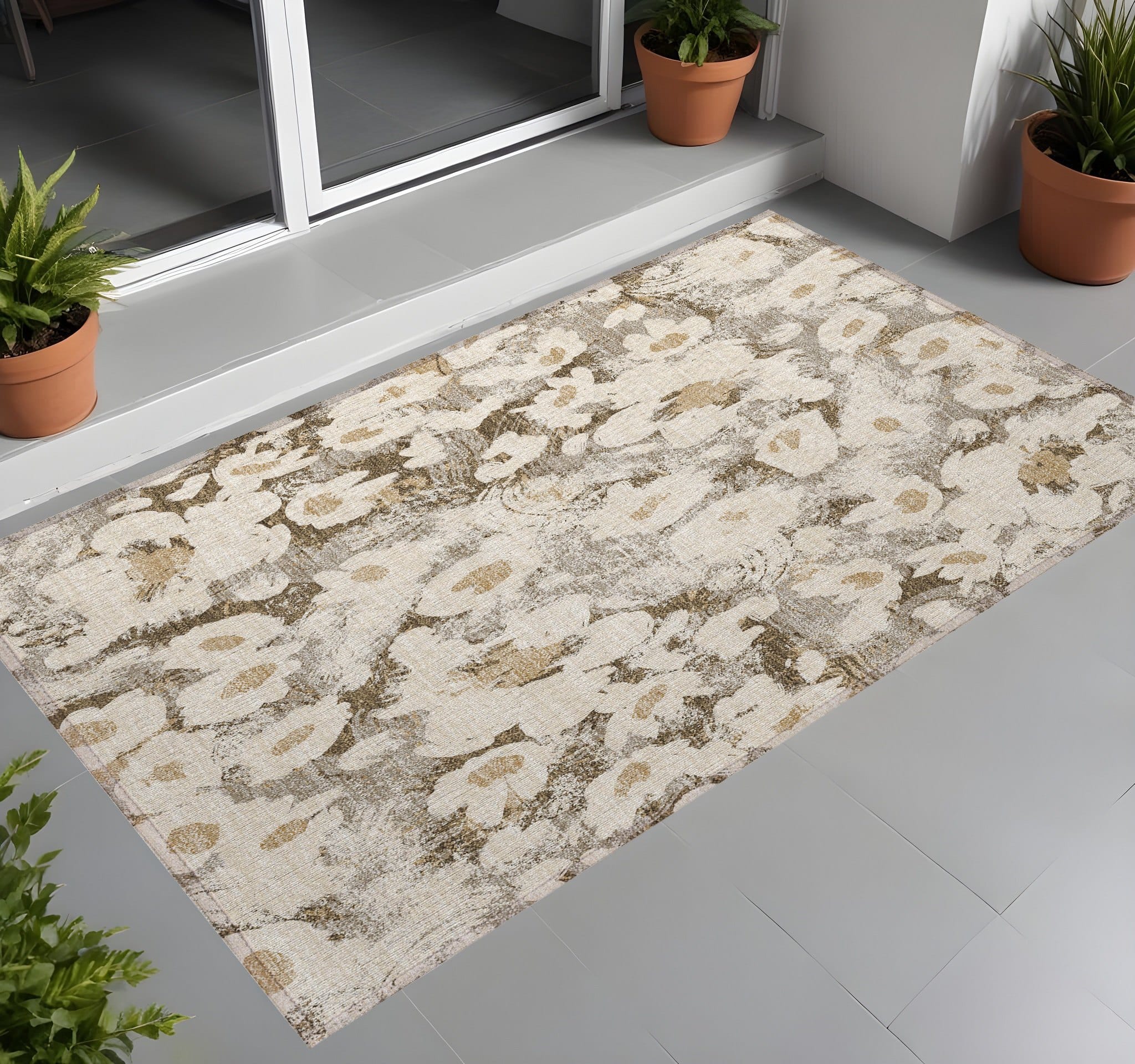 2' X 3' Khaki Floral Washable Non Skid Indoor Outdoor Area Rug