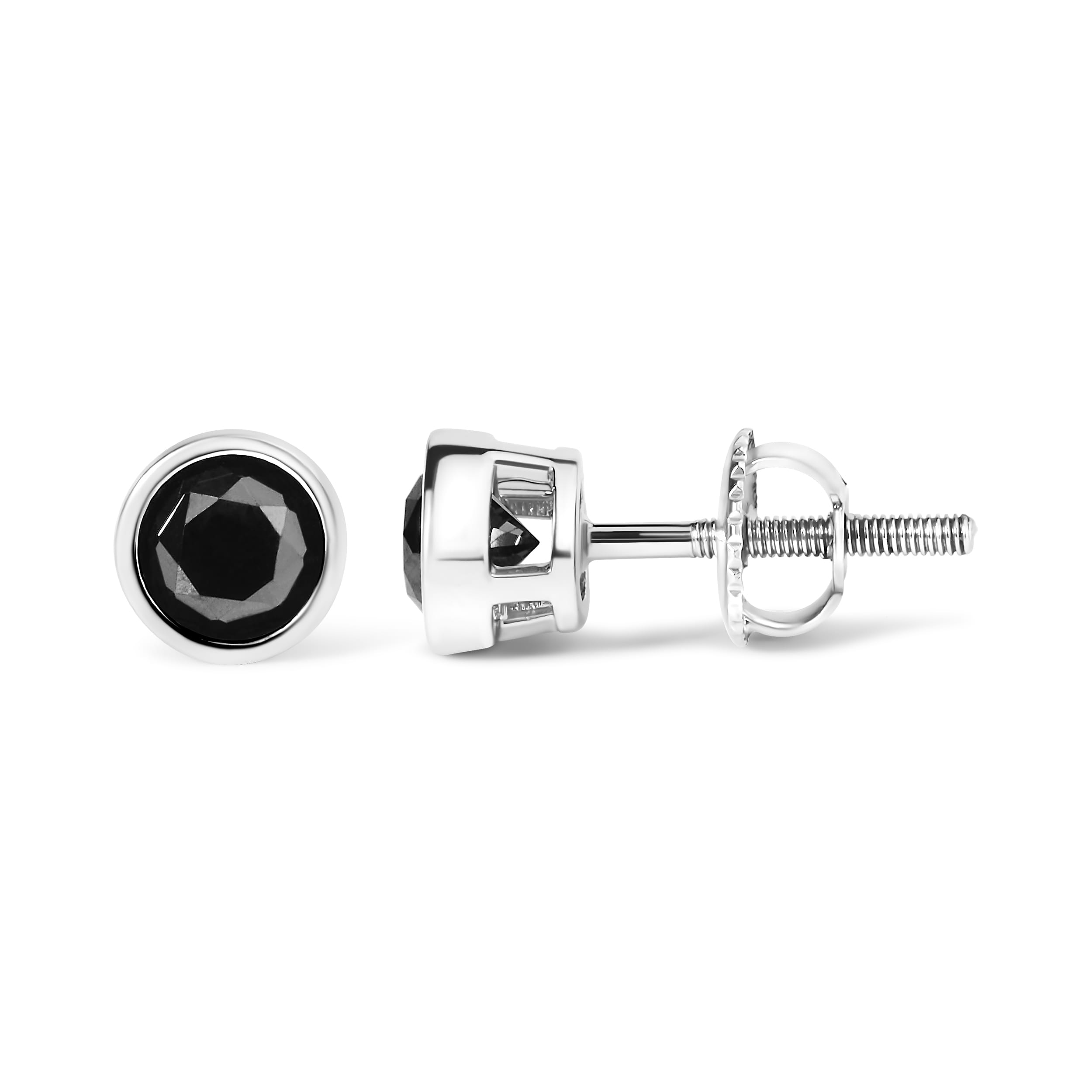 .925 Sterling Silver 2.00 Cttw Round Brilliant-Cut Black Diamond Bezel-Set Stud Earrings with Screw Backs (Fancy Color-Enhanced, I2-I3 Clarity)
