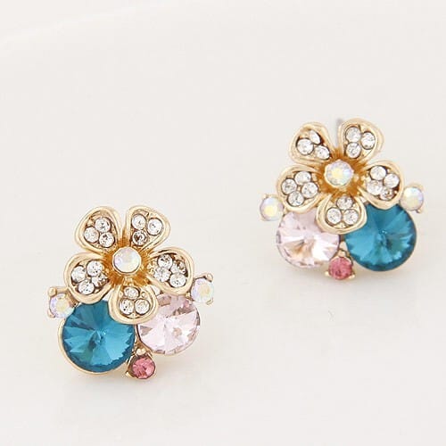 Sweet Rhinestone Inlaid Flower Korean Fashion Ear Studs - Ink Blue