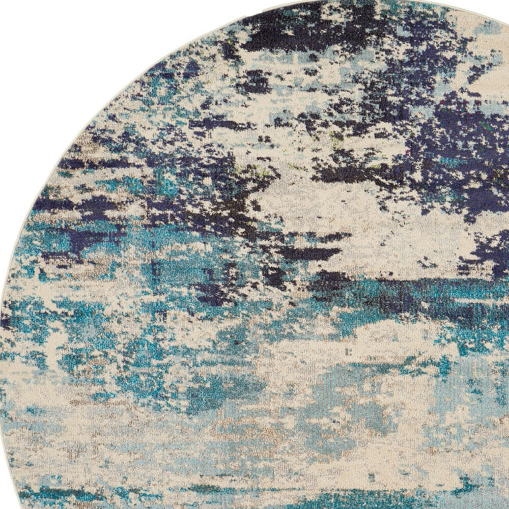 8' X 8' Ivory And Teal Blue Round Abstract Power Loom Non Skid Area Rug