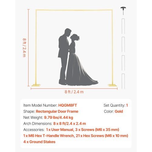 Arch Backdrop Stand, 8 x 8 ft, Stable Structure, Easy Assembly, Square Gold Metal Arch Backdrop Stand for Wedding, Birthday Party, Graduation, Holiday Celebration, and Ceremony Decoration