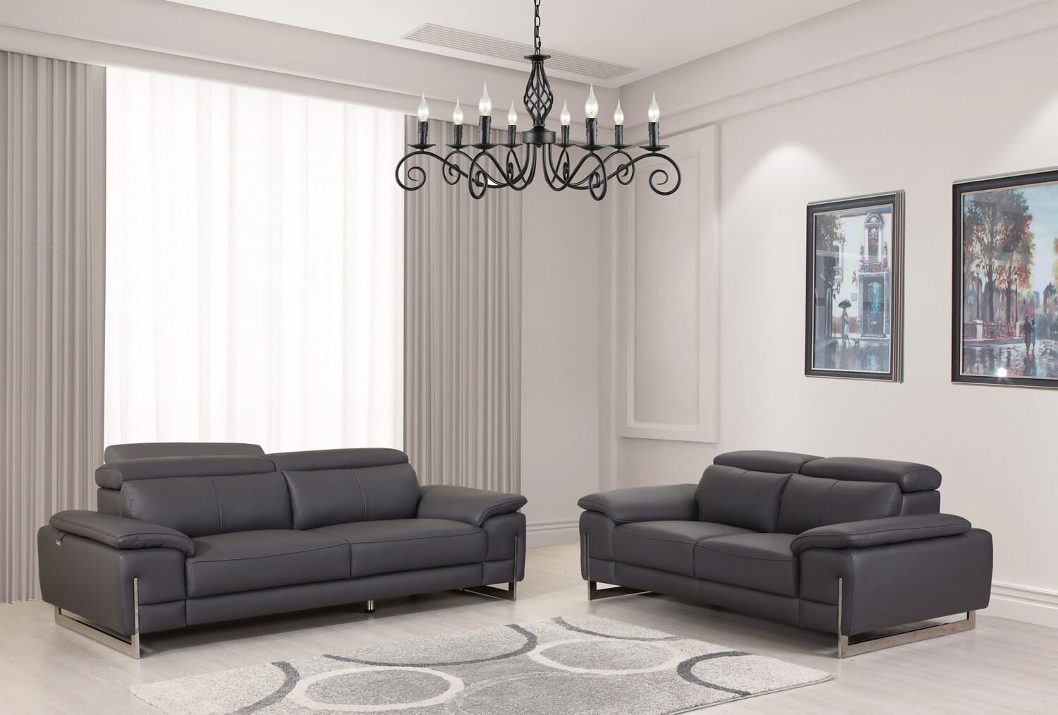 Two Piece Indoor Dark Gray Italian Leather Five Person Seating Set