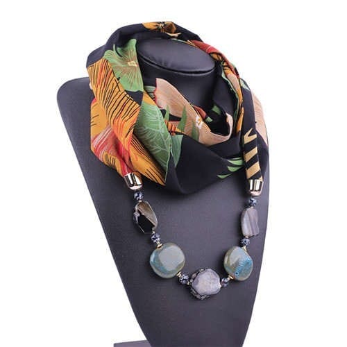 Gem and Stone Embellished Folk Style Autumn and Winter Fashion Women Chiffon Scarf Necklace - Black