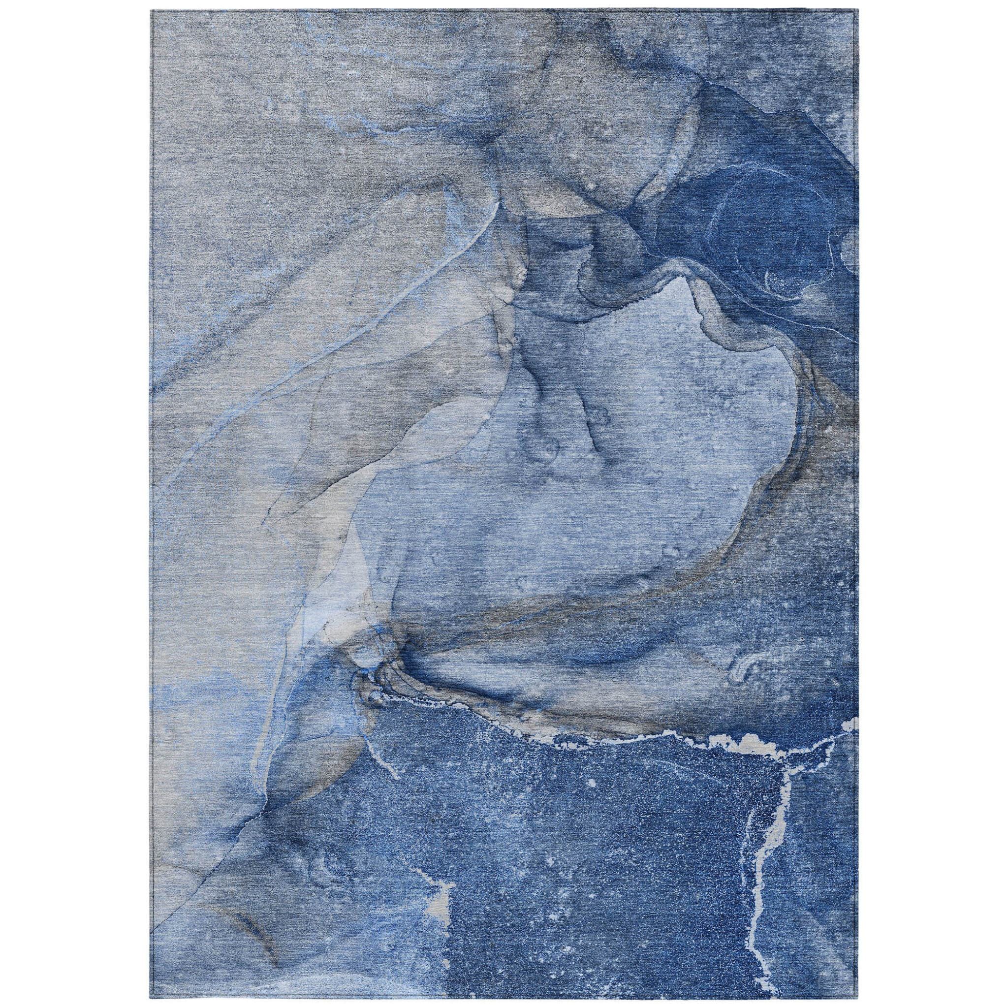 10' X 14' Navy Blue Abstract Washable Non Skid Indoor Outdoor Area Rug