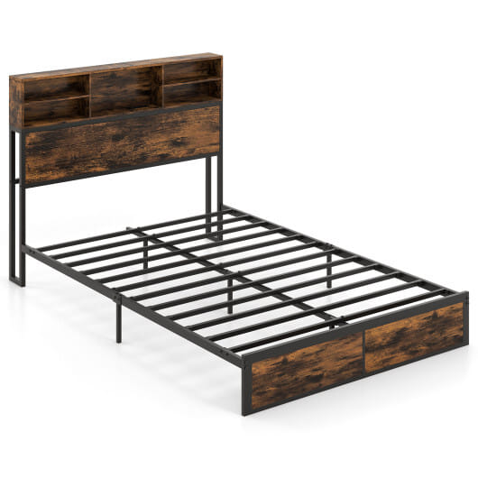 Twin/Full/Queen/King Size Bed Frame with Storage Headboard Industrial Metal Platform Bed-Full Size - Color: Rustic Brown - Size: Full Size