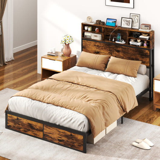 Twin/Full/Queen/King Size Bed Frame with Storage Headboard Industrial Metal Platform Bed-Full Size - Color: Rustic Brown - Size: Full Size