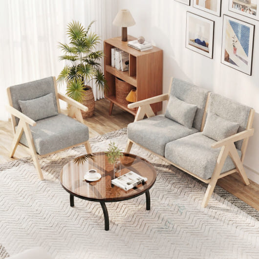 3 Pieces Living Room Furniture Set with Rubber Wood Frame-Gray