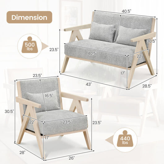 3 Pieces Living Room Furniture Set with Rubber Wood Frame-Gray