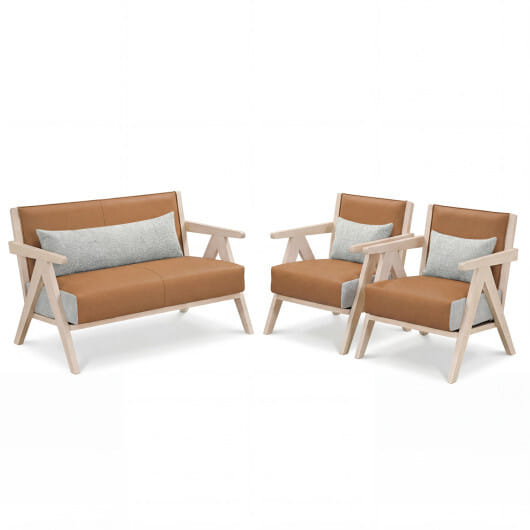 3 Pieces Living Room Furniture Set with Rubber Wood Frame-Gray