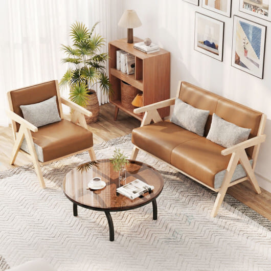 3 Pieces Living Room Furniture Set with Rubber Wood Frame-Gray