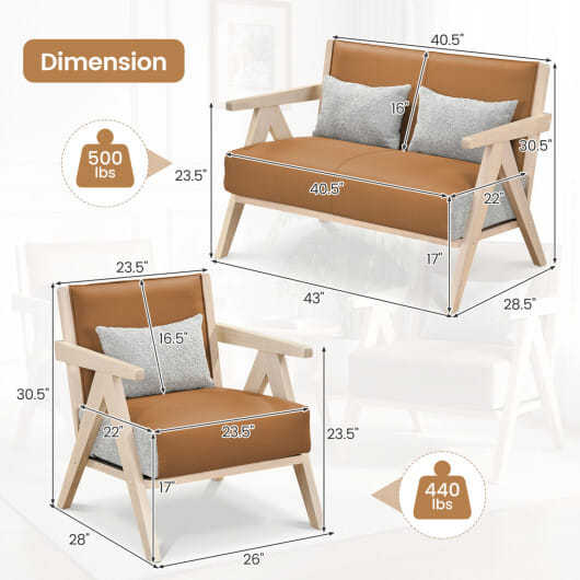 3 Pieces Living Room Furniture Set with Rubber Wood Frame-Gray