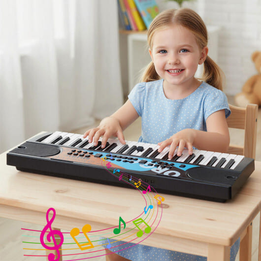 Kids Piano Keyboard 49 Keys Portable Electric Keyboard Piano with 8 Rhythms 8 Tones-Black - Color: Black