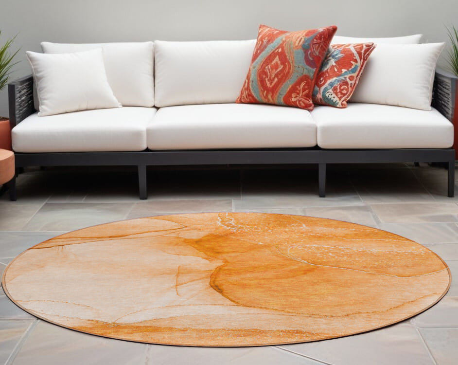 8' Round Orange Round Abstract Washable Non Skid Indoor Outdoor Area Rug