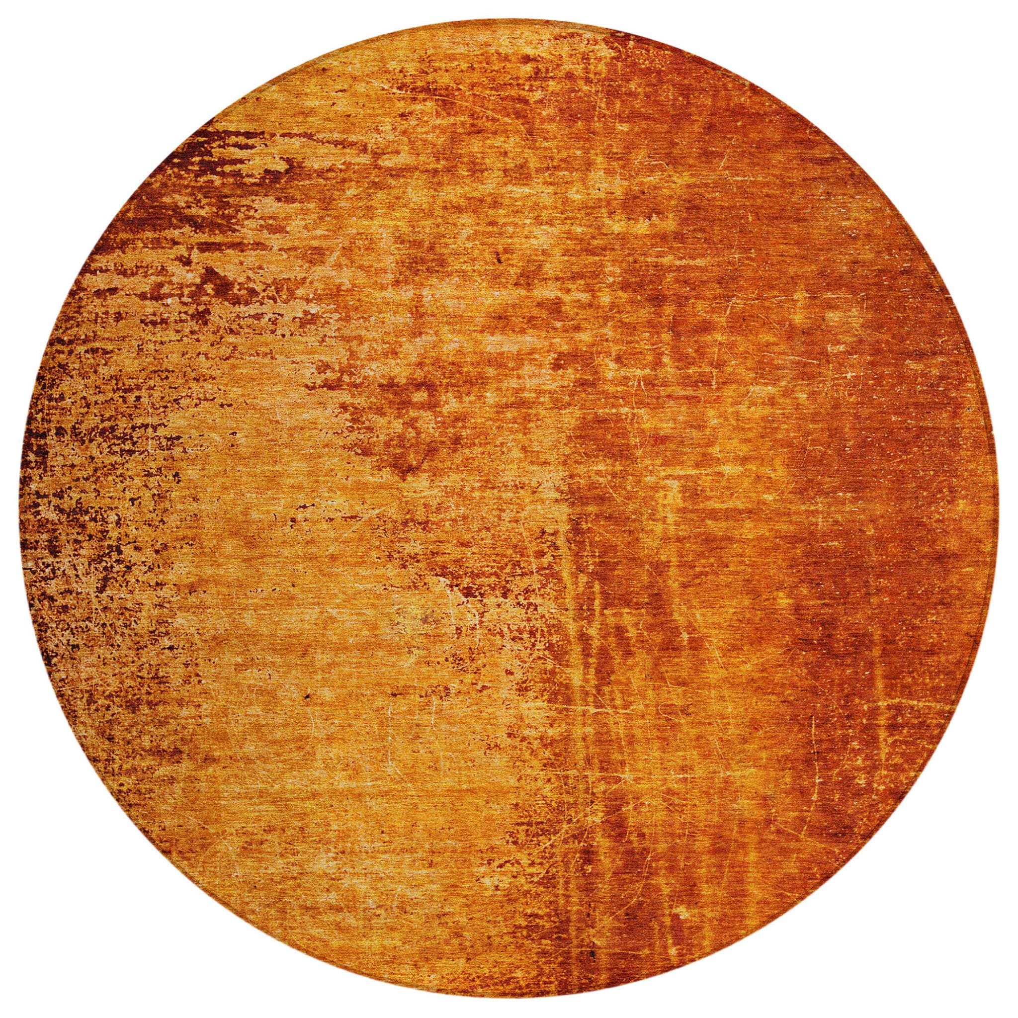8' Round Orange Round Abstract Washable Non Skid Indoor Outdoor Area Rug
