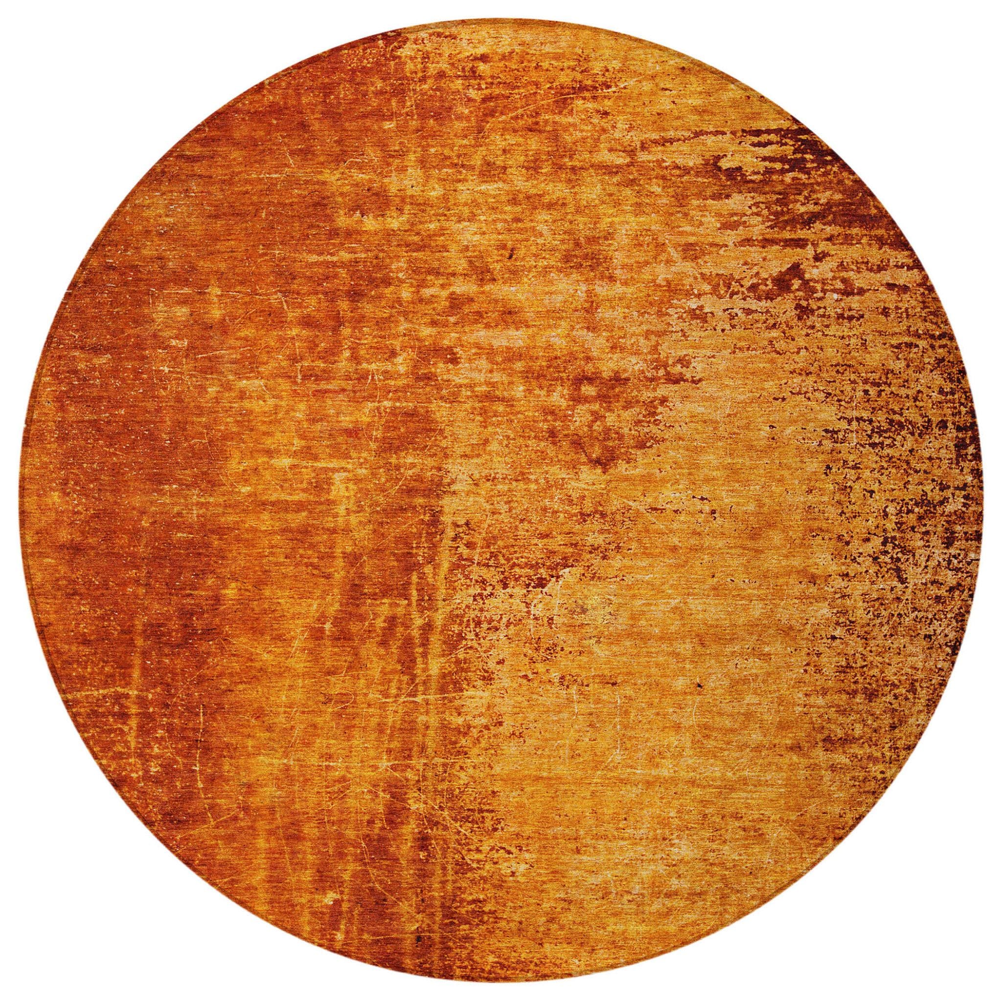 8' Round Orange Round Abstract Washable Non Skid Indoor Outdoor Area Rug