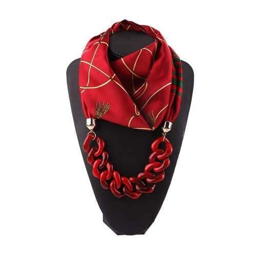 Acrylic Chain High Fashion Image Printing Satin Women Scarf Necklace - Red