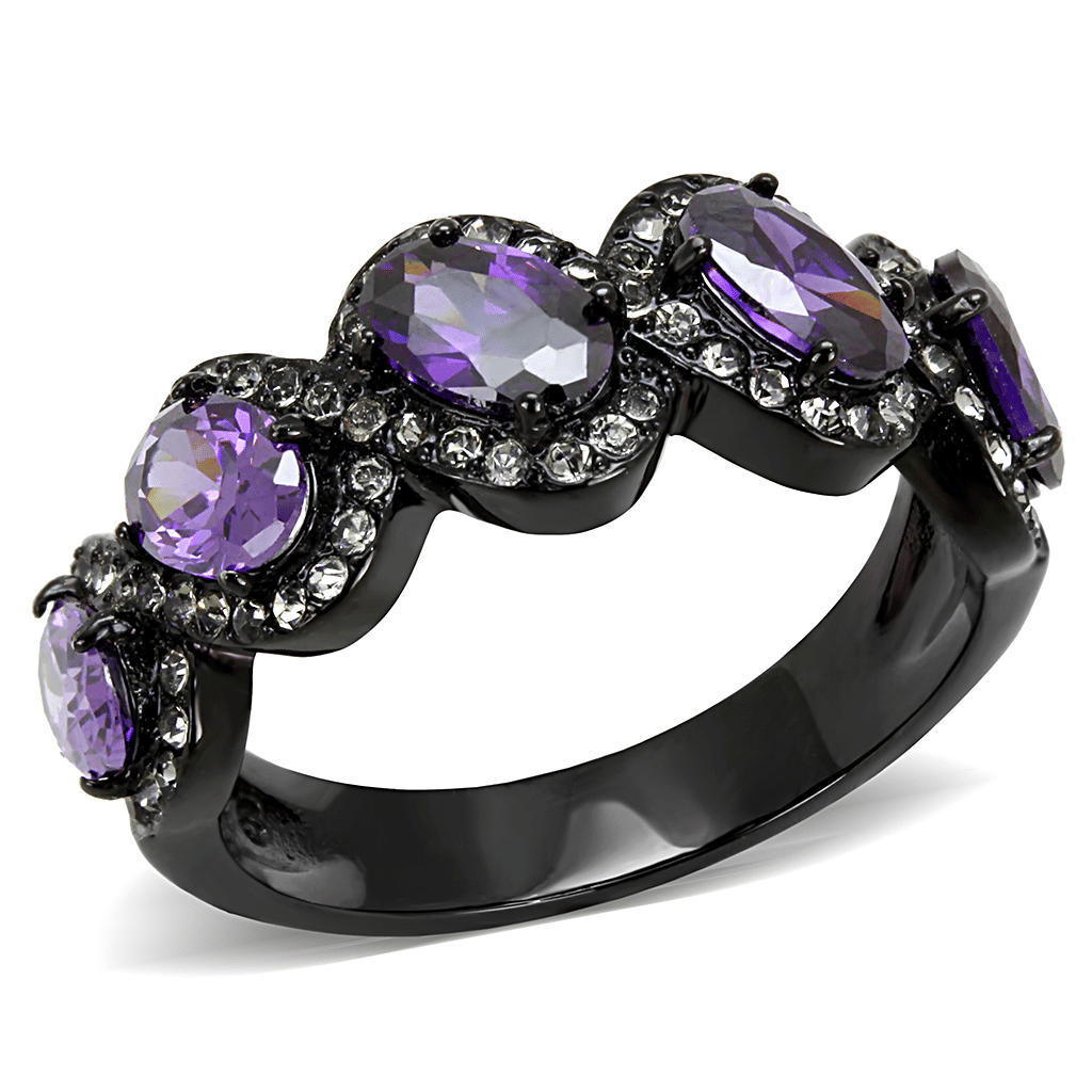 TK3051 - IP Black(Ion Plating) Stainless Steel Ring with AAA Grade CZ in Amethyst