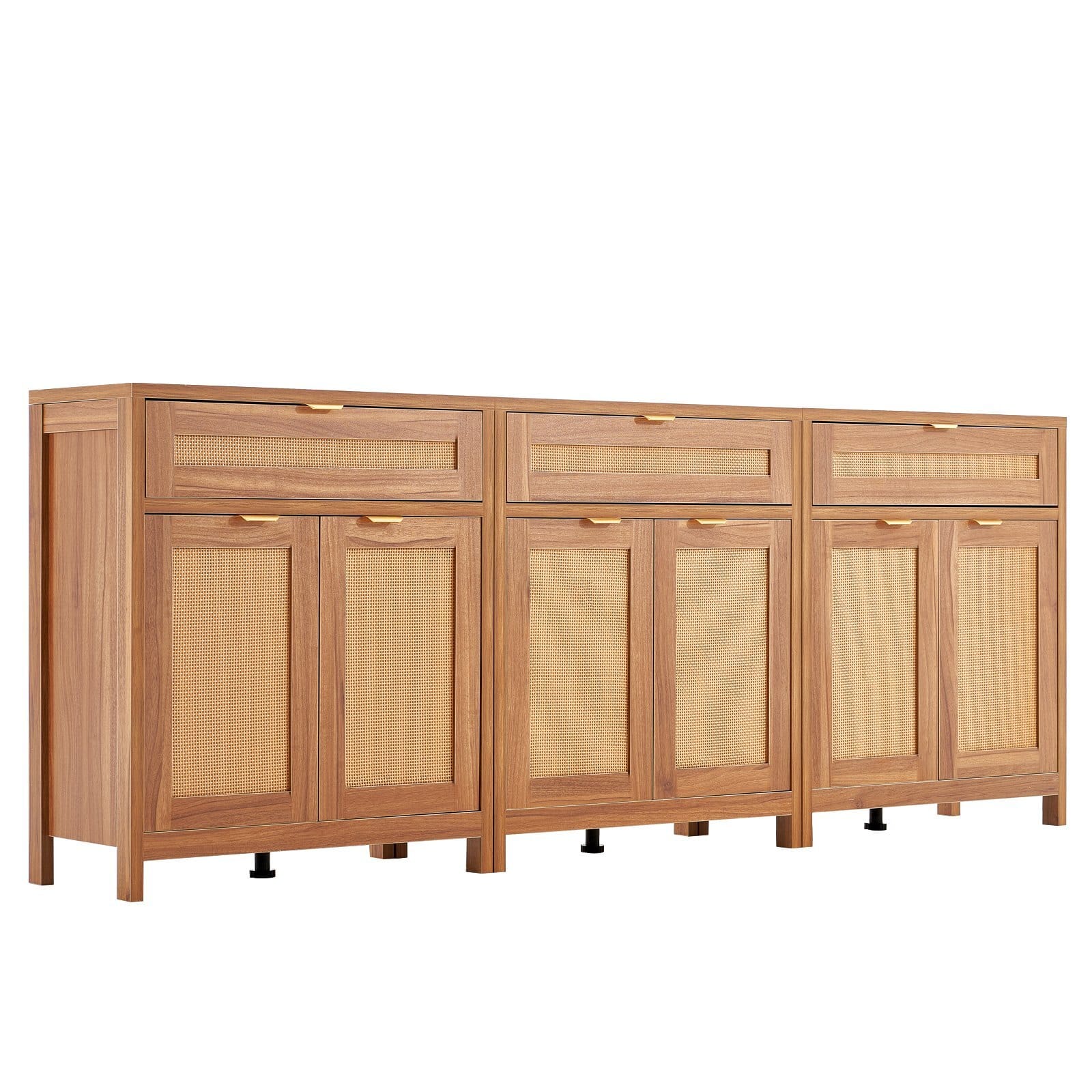 Rattan Cabinet, Set of 3, Rattan Storage Cabinet with 6 Magnetic Doors and 3 Drawers, Sideboard Buffet Cabinet with Adjustable Shelves, for Hallway, Entryway, Living Room, or Kitchen, Natural