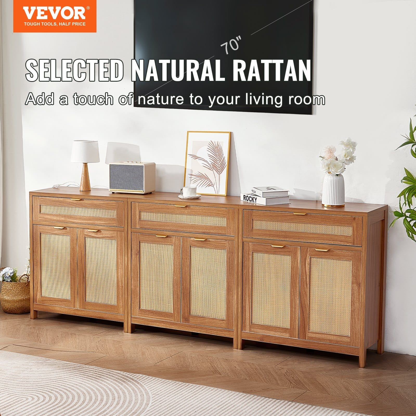 Rattan Cabinet, Set of 3, Rattan Storage Cabinet with 6 Magnetic Doors and 3 Drawers, Sideboard Buffet Cabinet with Adjustable Shelves, for Hallway, Entryway, Living Room, or Kitchen, Natural