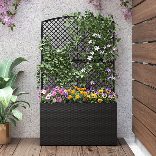 49 Inch Raised Garden Bed with Trellis and Wicker Planter Box-Brown