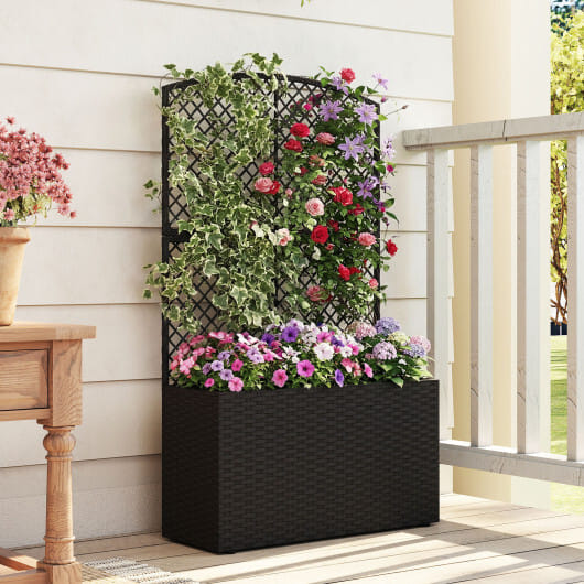 49 Inch Raised Garden Bed with Trellis and Wicker Planter Box-Brown