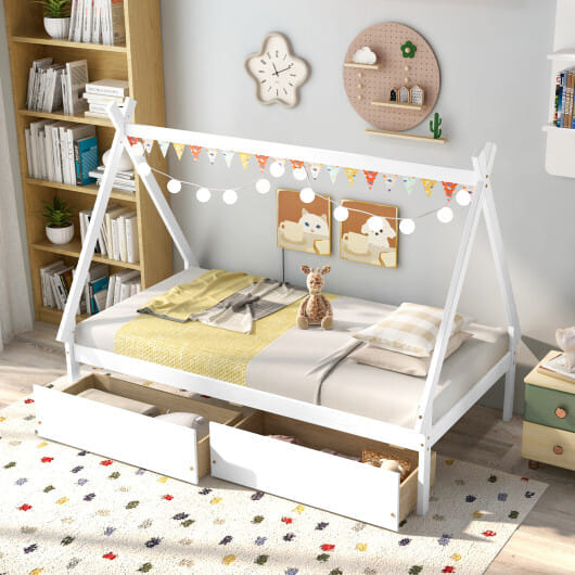 Twin Size Wooden Tent Platform House Bed with 2 Drawers-White - Color: White - Size: Twin Size