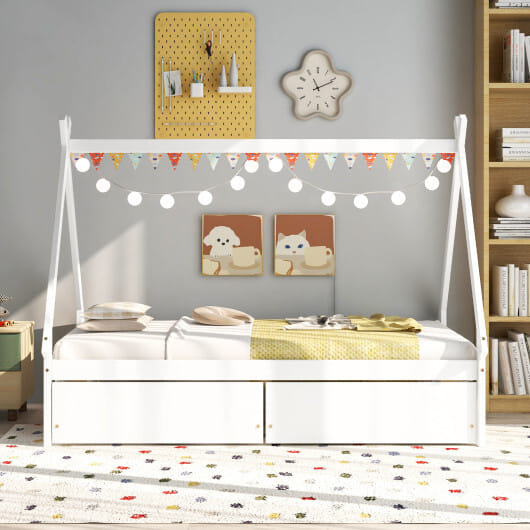Twin Size Wooden Tent Platform House Bed with 2 Drawers-White - Color: White - Size: Twin Size