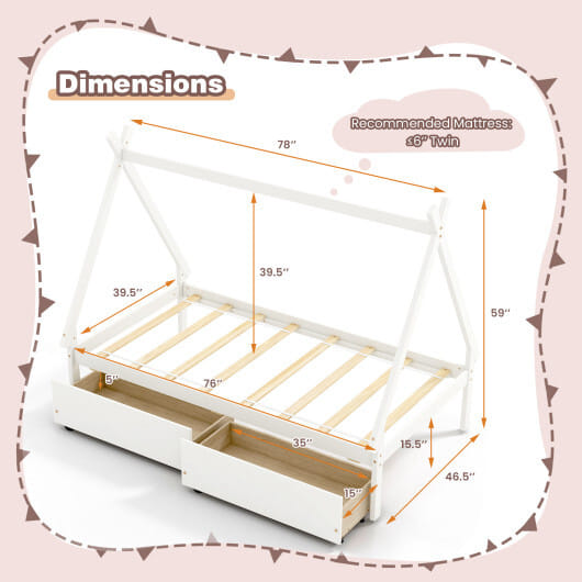 Twin Size Wooden Tent Platform House Bed with 2 Drawers-White - Color: White - Size: Twin Size