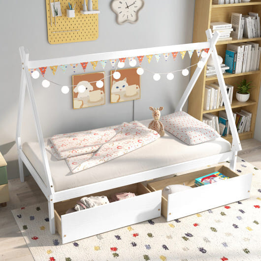 Twin Size Wooden Tent Platform House Bed with 2 Drawers-White - Color: White - Size: Twin Size