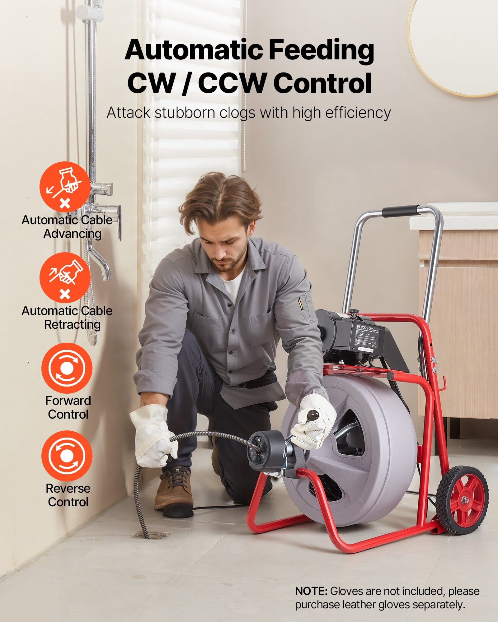 Drain Cleaner Machine 75 FT x 1/2 Inch, Auto Feed Sewer Snake Drain Auger on Wheels, Portable Drain Cleaning Machine with 8 Cutters & Air-Activated Foot Switch for 2" to 6" Pipes