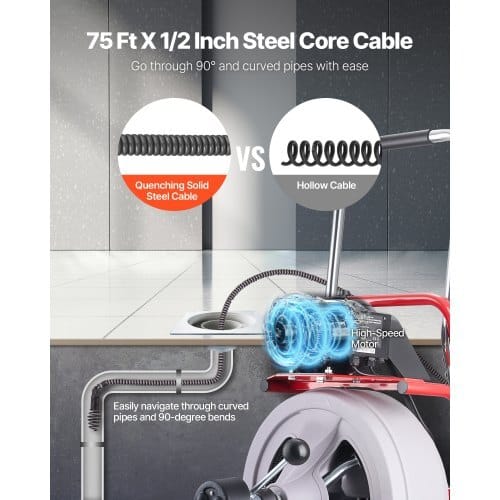 Drain Cleaner Machine 75 FT x 1/2 Inch, Auto Feed Sewer Snake Drain Auger on Wheels, Portable Drain Cleaning Machine with 8 Cutters & Air-Activated Foot Switch for 2" to 6" Pipes