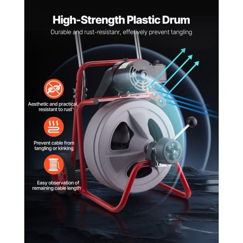 Drain Cleaner Machine 75 FT x 1/2 Inch, Auto Feed Sewer Snake Drain Auger on Wheels, Portable Drain Cleaning Machine with 8 Cutters & Air-Activated Foot Switch for 2" to 6" Pipes