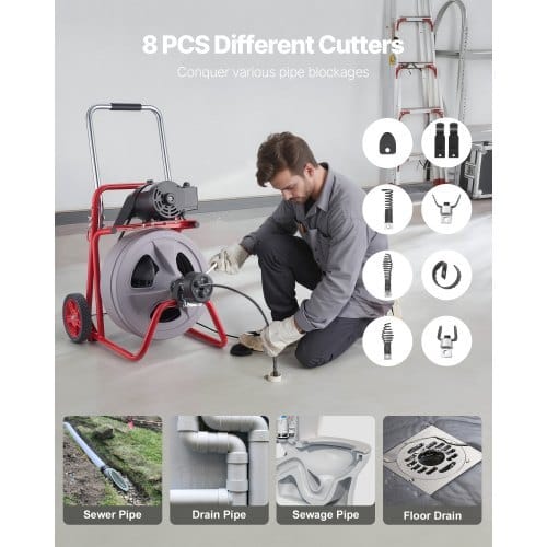 Drain Cleaner Machine 75 FT x 1/2 Inch, Auto Feed Sewer Snake Drain Auger on Wheels, Portable Drain Cleaning Machine with 8 Cutters & Air-Activated Foot Switch for 2" to 6" Pipes