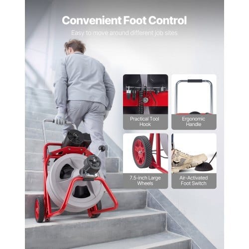 Drain Cleaner Machine 75 FT x 1/2 Inch, Auto Feed Sewer Snake Drain Auger on Wheels, Portable Drain Cleaning Machine with 8 Cutters & Air-Activated Foot Switch for 2" to 6" Pipes