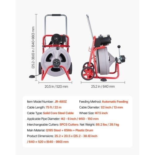 Drain Cleaner Machine 75 FT x 1/2 Inch, Auto Feed Sewer Snake Drain Auger on Wheels, Portable Drain Cleaning Machine with 8 Cutters & Air-Activated Foot Switch for 2" to 6" Pipes