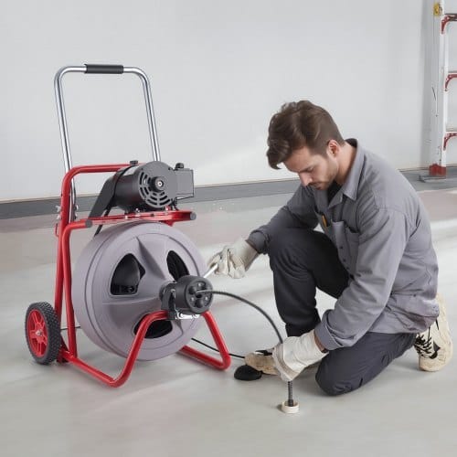 Drain Cleaner Machine 75 FT x 1/2 Inch, Auto Feed Sewer Snake Drain Auger on Wheels, Portable Drain Cleaning Machine with 8 Cutters & Air-Activated Foot Switch for 2" to 6" Pipes