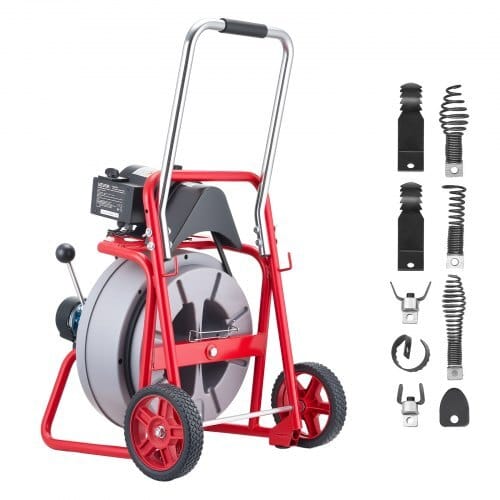 Drain Cleaner Machine 75 FT x 1/2 Inch, Auto Feed Sewer Snake Drain Auger on Wheels, Portable Drain Cleaning Machine with 8 Cutters & Air-Activated Foot Switch for 2" to 6" Pipes
