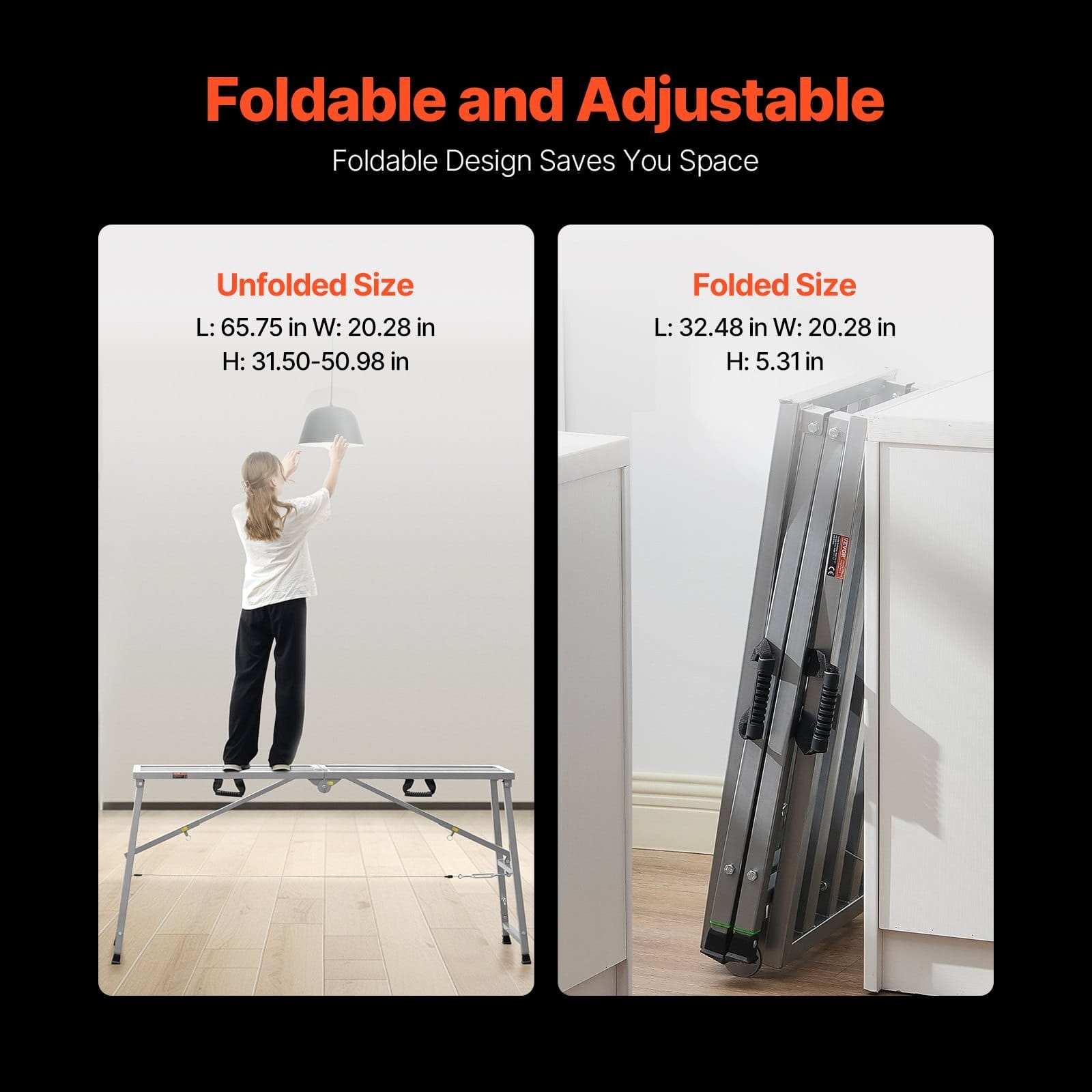 Work Platform, 4 Gear Adjustable Height, Folding Alloy Steel Step Ladder, Portable Scaffolding Platform, 800 lb Load Capacity, Non-Slip Rubber Feet, Drywall Painting Stool, Cleaning & Washing