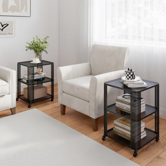 3-Tier End Table with Wheels Rolling Side Table with Open Storage Shelves-Set of 2