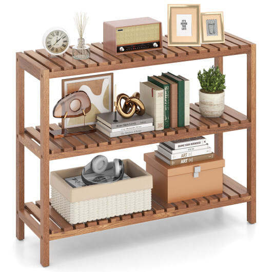 2/3-Tier Side Table Teak Wood Stand Utility Storage Shelf-3-Tier - Color: Natural - Size: 3-Tier