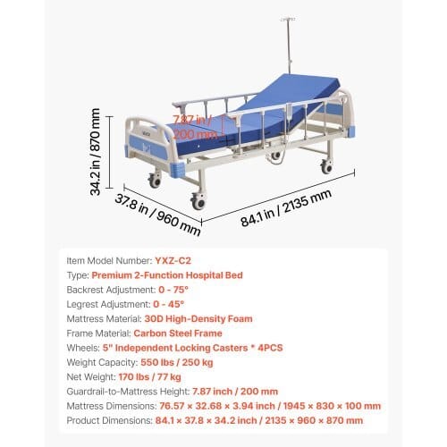 Premium 2 Function Full Electric Hospital Bed, ICU Electric Medical Bed with Backrest & Legrest Adjustment, 5" Locking Casters, High-Density Foam Mattress for Home Hospital, 550LBS Loading