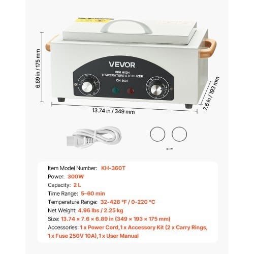 High Temperature Autoclave Machine, 2L, 300W High Temperature Cleaner Machine Box with Adjustable Temperature and Time, Dry Heat Cabinet Nail Tool Cleaner for Labs, Home, Nail and Beauty Salons