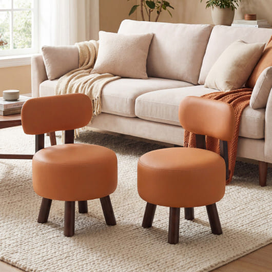 Small Footrest Stools Set of 2 Round Ottoman with Backrest-Orange - Color: Orange