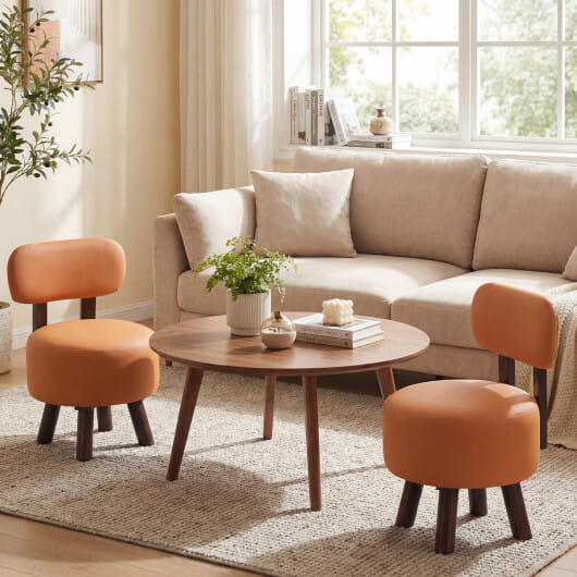 Small Footrest Stools Set of 2 Round Ottoman with Backrest-Orange - Color: Orange
