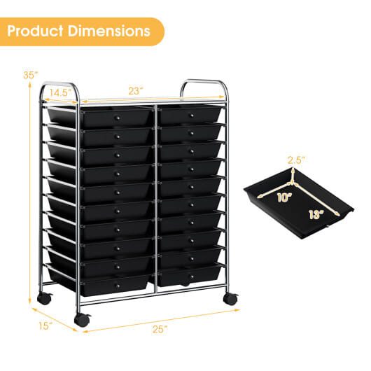 Costway 20 Drawers Storage Rolling Cart Studio Organizer-Black - Color: Black