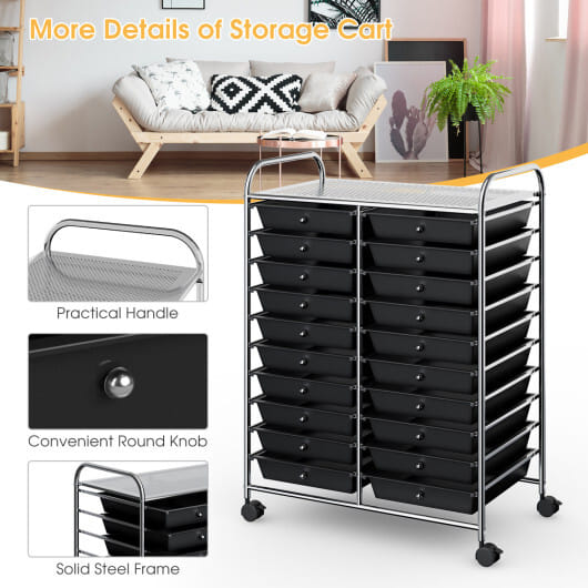 Costway 20 Drawers Storage Rolling Cart Studio Organizer-Black - Color: Black
